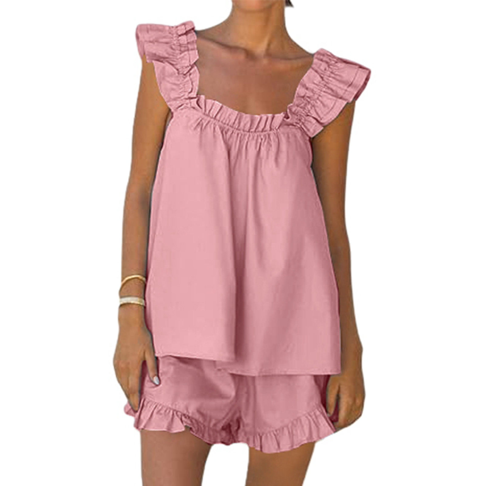 thumbnail image 2 of Conjunto de pijama de dos piezas para mujer: top corto sin mangas y pantalones cortos, poliéster, color liso, corte holgado, tallas S-XL, ropa de estar por casa para todas las estaciones, 2 of 8